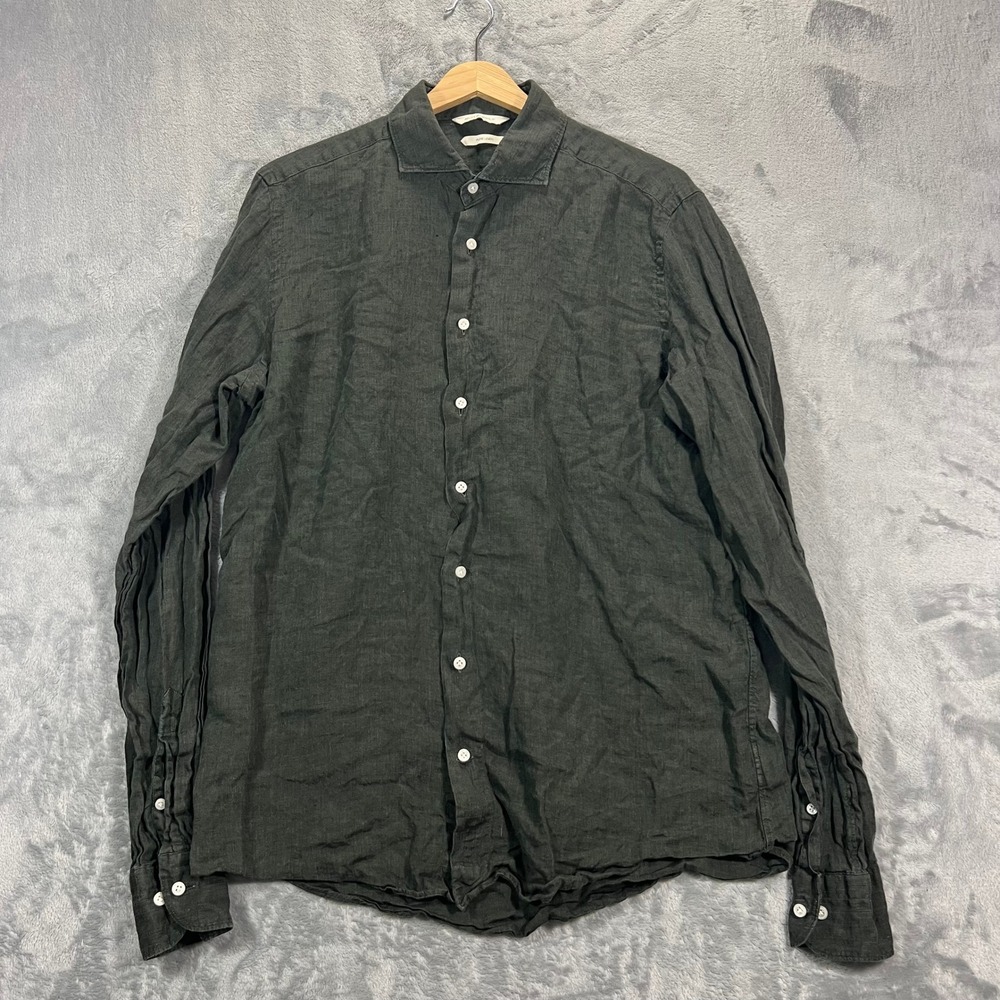 Suitsupply Leggiuno Shirt Mens 16L/16.5L Green Pure Linen Slim Fit LS Button Up